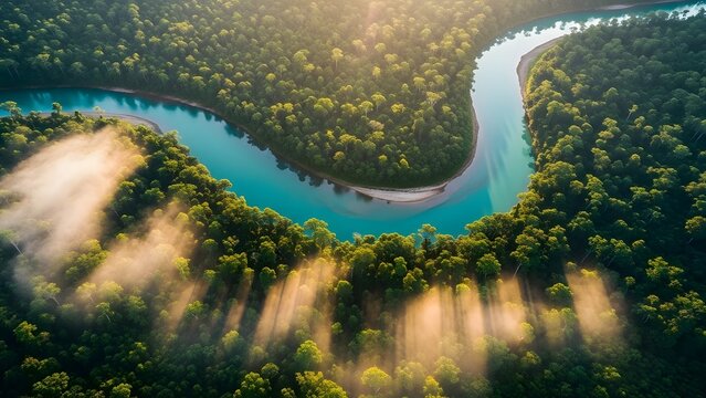 Breathtaking aerial view of vibrant turquoise river winding through lush green Amazon rainforest with ethereal sunlight filtering through trees in the morning mist