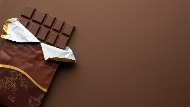 Chocolate Bar with Open Wrapper on Brown Background