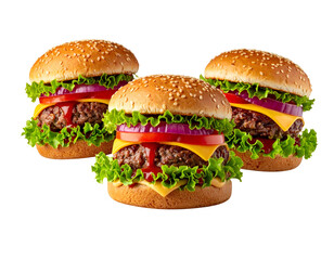 Three delicious cheeseburgers with fresh toppings on dark background