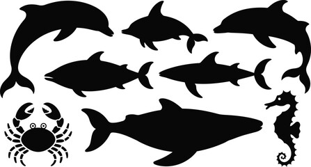 Naklejka premium black silhouettes of dolphins, sharks, seahorse, and crab illustrated in a bold graphic style perfect for coastal designs, summer projects, and marine-themed artwork.