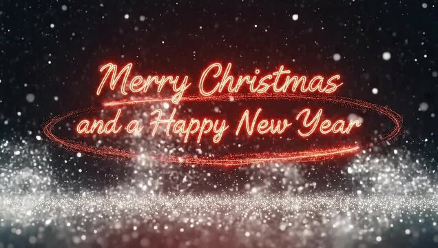 Festive Christmas message with a Happy New Year wish. Sparkling snowflakes and a glowing red frame add to the holiday cheer. 