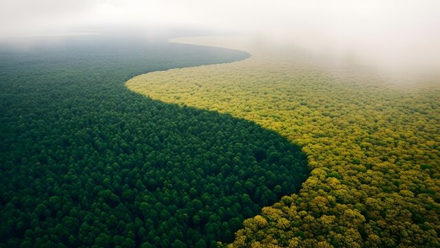 Stunning aerial view of a vibrant forest with a clear color division creating a compelling nature scene for environmental awareness campaigns and travel destinations