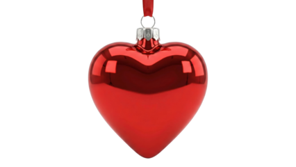 Crimson Heart Ornament: A gleaming, heart-shaped ornament hangs suspended, embodying love and affection with its vibrant color and smooth, reflective surface.