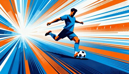 Dynamic soccer player kicking ball with abstract background of blue and orange rays