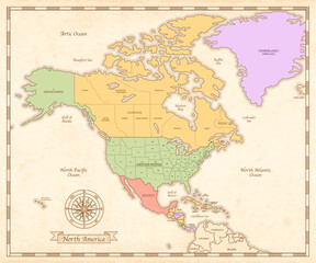 Obraz premium Retro Color Political Map of USA, Canada, Mexico and central America