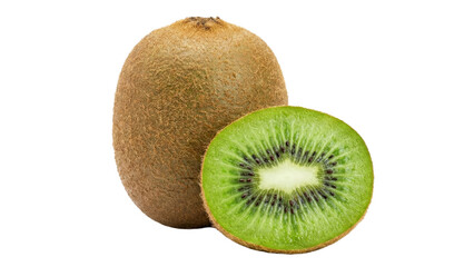 Kiwi Fruit: A succulent whole kiwi alongside a halved one, showcasing the vibrant green flesh and distinct texture, a symbol of freshness and a healthy diet.