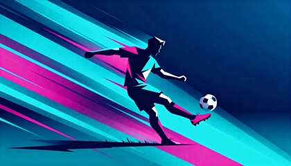 Dynamic soccer player kicking ball with abstract colorful motion lines background