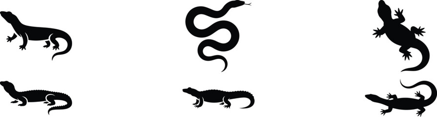 Fototapeta premium exotic animal silhouettes including snake, lizards, and alligators rendered in a sharp minimal style perfect for bold branding, wildlife themes, and unique design concepts.