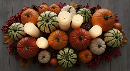 Autumn harvest display of assorted pumpkins and gourds