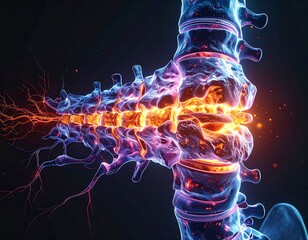Digital depiction of a spinal column glowing with orange and blue energy on a dark background