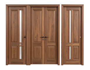 Three wooden doors single panel glass, double, single two panel