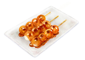 お皿に乗ったみたらし団子の水彩イラスト