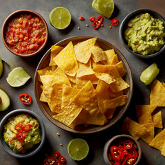 Delicious mexican fiesta spread with tortilla chips guacamole salsa and limes