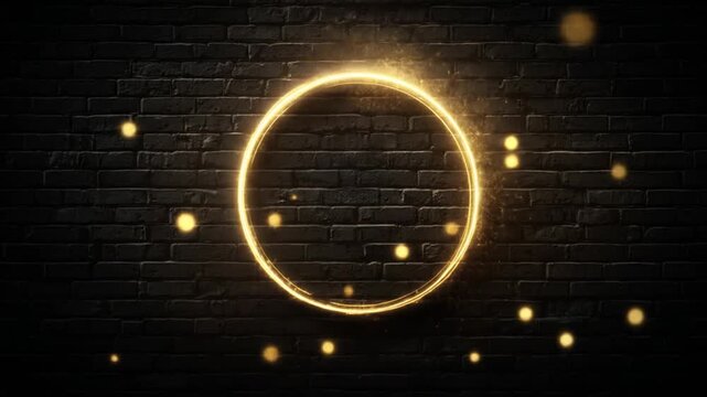 Glowing golden circle on black brick wall with particle effects