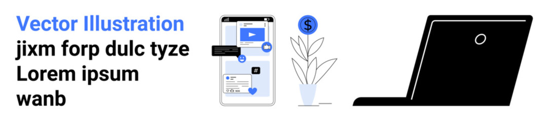 Technology, social media, online business, finance, digital marketing, modern communication. Smartphone screen with notifications, financial symbol plant icon and laptop outline. Technology