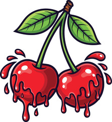 Enticing Cartoon Red Cherries Dripping with Sweet Juice Perfect for a Refreshing Treat
