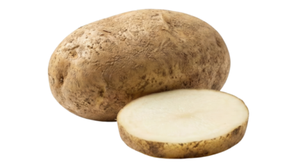 The Potato: Capturing the essence of a raw potato, this image highlights the texture and color. A close-up view of a whole potato alongside a cut section reveals its interior.