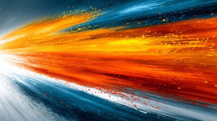 Dynamic abstract energy streams with vibrant orange and blue coloration explode from a bright source point