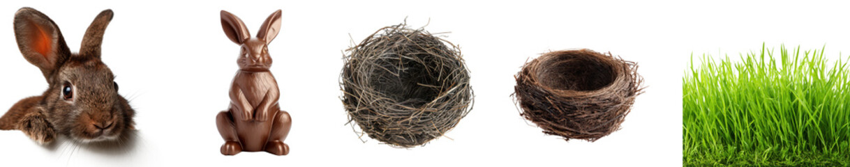 Obraz premium spring easter set of easter elements: nest, easter bunny, chocolate easter rabbit, green grass isolated on white or transparent png