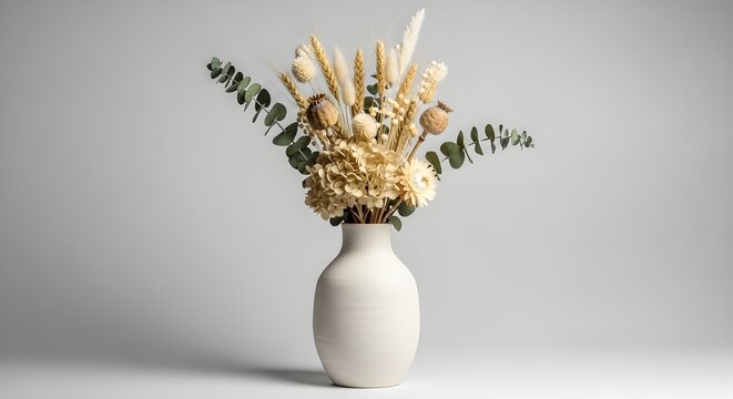 Elegant dried flower arrangement in a modern white vase
