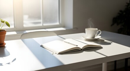 Sunlit table with open book and coffee cup