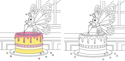 Cute cartoon butterfly decorating a large birthday cake with pink icing using a piping bag vector illustration for kids coloring book