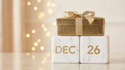 Elegant gold gift box with ribbon on December 26th marble blocks for sophisticated holiday campaigns and post-Christmas seasonal greetings