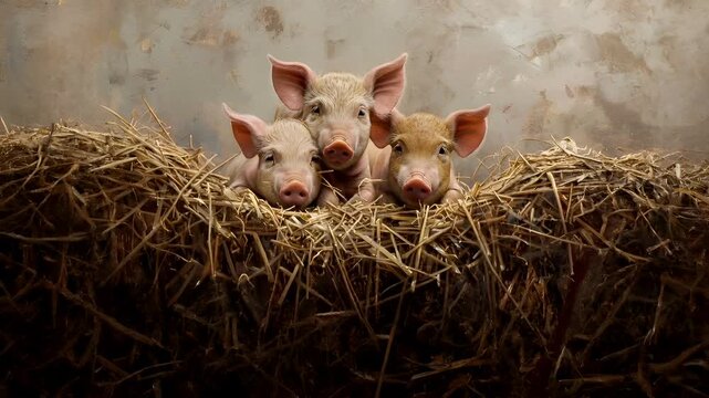 A closeup of three young pigs in a nest of straw. The style is realistic with a touch of artistic flair, emphasizing the intricate details of the piglets features.