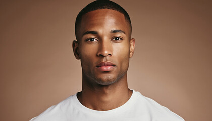 Male model's head and shoulders wearing white t-shirt mockup, front view