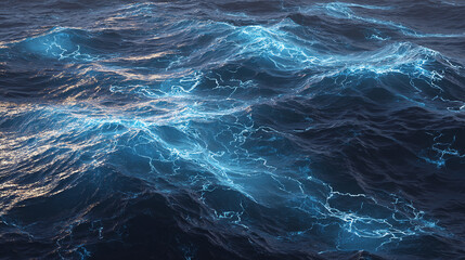 Captivating ocean waves with glowing features. The water's surface is illuminated with an ethereal blue light, creating a mystical atmosphere. 