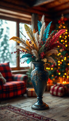 Fototapeta premium Colorful feather bouquet decorates a cozy room during the festive season with a Christmas tree in the background