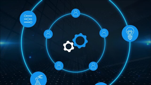 Animation of technology and business process Hyperautomation with digital blue interface icons and digital background
