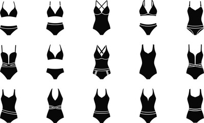 Collection of black silhouette swimwear icons on white background bikini swimsuit