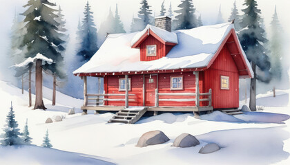 Charming red cabin nestled in a snowy forest during winter