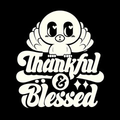 Cute cartoon bird with heart eyes saying Thankful Blessed