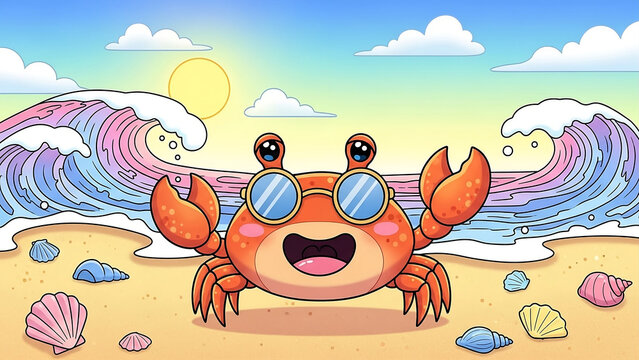 A cheerful cartoon crab smiling on a sandy beach with colorful skies and whimsical waves. The bright and vibrant illustration creates a joyful and playful seaside atmosphere. - Powered by Adobe