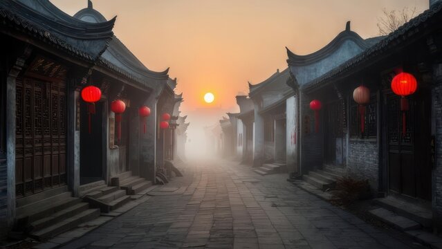 Ancient Chinese street at sunset with red lanterns and misty atmosphere. - Powered by Adobe