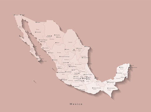 Vector isolated illustration. Simplified administrative map of Mexico, United Mexican States. Beige shapes of regions on brown background. Names of mexican cities and states