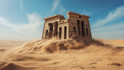 Ancient Temple Ruins in Desert Landscape Under Blue Sky.