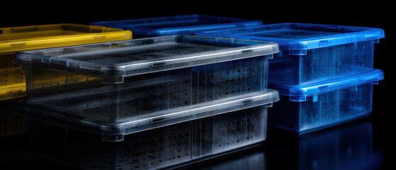 Transparent plastic storage bins blue tone calm minimalist scene