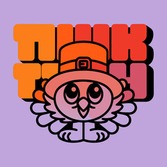 Cute hand drawn turkey wearing pilgrim hat thanksgiving