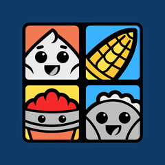 Cute kawaii food characters in squares thanksgiving