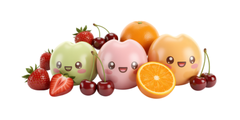 cute fruits, kawaii characters, strawberry, cherry, orange, cartoon food, smiling fruits, fruit illustration, adorable design, 3d render