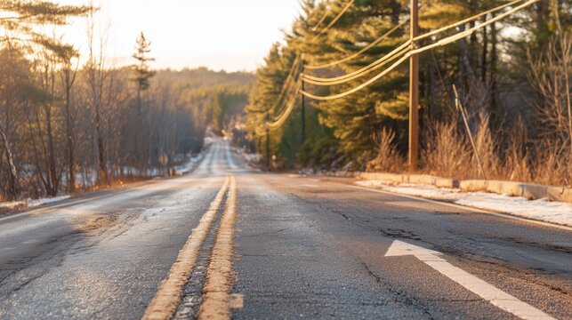 Scenic view of a quiet road at sunset surrounded by trees in a serene landscape