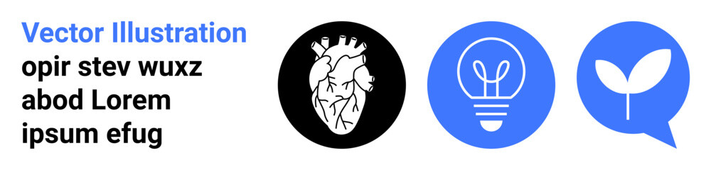 Medicine, technology, energy, sustainability, creativity, health. Icons a human heart, light bulb and leaf. Medicine and technology-related concepts of innovation and energy efficiency