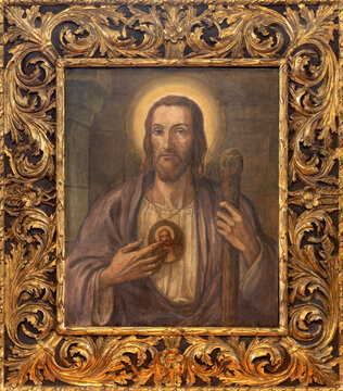 SALZBURG, AUSTIRA - SEPTEMBER 7, 2025: The paiting of St. Jude Thaddeus in the church Franziskanerkirche by unknown artist (1943). 