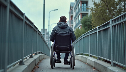 Person in wheelchair moving up outdoor ramp