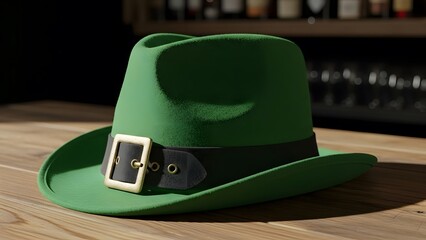 Celebrate St Patrick's Day with this vibrant green leprechaun hat on a rustic bar top, perfect for holiday promotions or festive designs