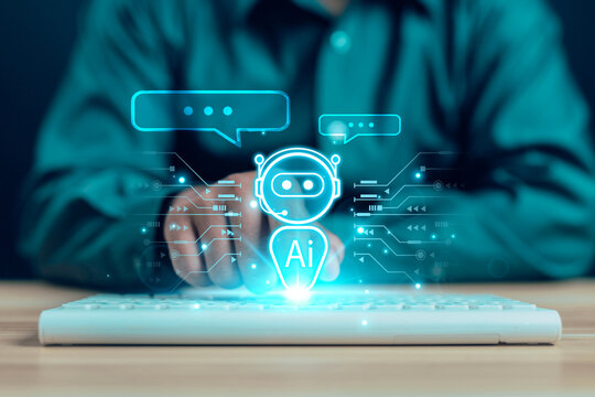 Hands typing on a keyboard with glowing AI chatbot icons, symbolizing artificial intelligence, automation, digital communication, machine learning systems, and modern virtual assistant technology