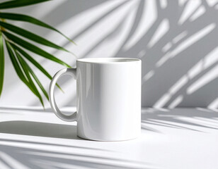 White coffee mug mockup with tropical palm leaf shadow overlay